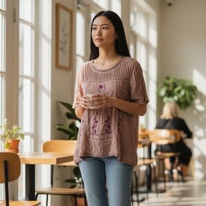 POL Boho Embroidered Floral Blouse Pink Mauve Peasant Top Size Medium